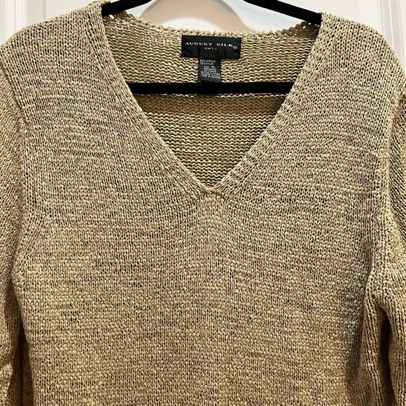 AUGUST SILK Tan V-neck sweater pullover 3/4 Sleeves Armpit To Armpit 22” XL - Picture 3 of 6